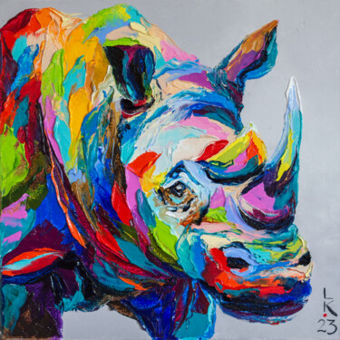 Ζωγραφική με τίτλο "Colored Rhinoceros" από Liubov Kuptsova, Αυθεντικά έργα τέχνης, Λάδι Τοποθετήθηκε στο Ξύλινο φορείο σκελ…