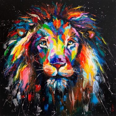 Painting titled "Colorful Lion Majes…" by Liubov Kuptsova, Original Artwork, Oil Mounted on Wood Stretcher frame