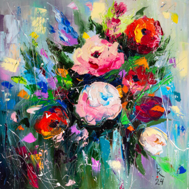 Malarstwo zatytułowany „Flowers fantasy” autorstwa Liubov Kuptsova, Oryginalna praca, Olej Zamontowany na Drewniana rama nos…
