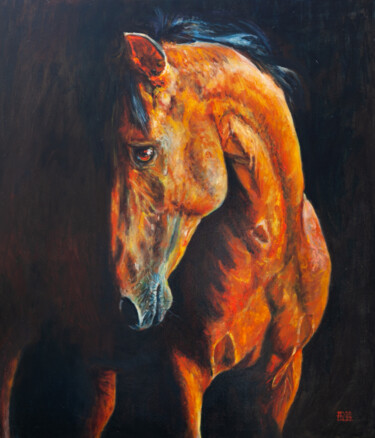 Pintura intitulada "Fire Horse" por Liudmila Pisliakova, Obras de arte originais, Óleo Montado em Armação em madeira