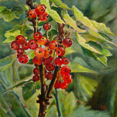 Painting titled "Redcurrants" by Liudmila Pisliakova, Original Artwork, Oil Mounted on Wood Stretcher frame