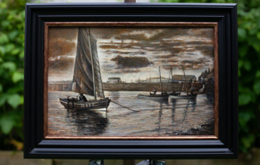 Painting titled "Old Boats in the Fe…" by Liudmila Pisliakova, Original Artwork, Tempera Mounted on Wood Panel