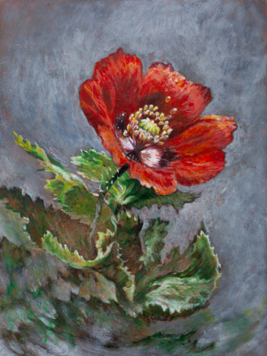 Painting titled "Poppy" by Liudmila Pisliakova, Original Artwork, Tempera Mounted on Wood Panel