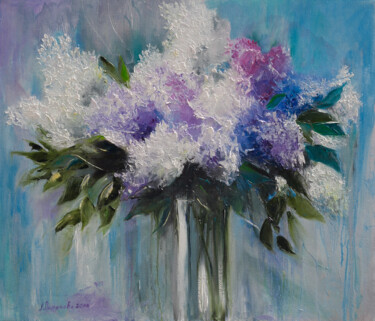 Painting titled "Lilac in a Vase" by Liudmila Pisliakova, Original Artwork, Oil Mounted on Wood Stretcher frame