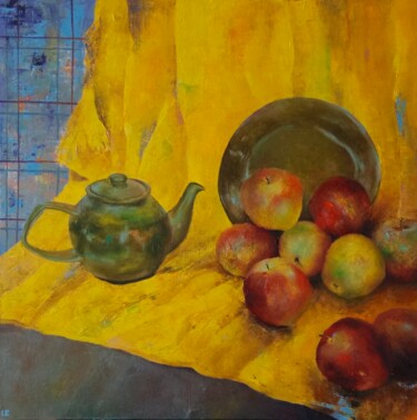 Painting titled "teapot and apples #2" by Liudmila Rabinovich, Original Artwork, Oil