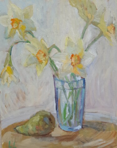 Painting titled "Daffodils in glass" by Liudmyla Lelechenko, Original Artwork, Oil