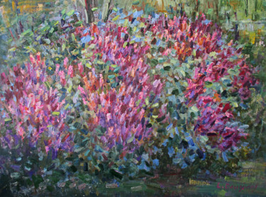 Painting titled "The lilac tree afla…" by Liudvikas Daugirdas, Original Artwork, Oil Mounted on Wood Stretcher frame