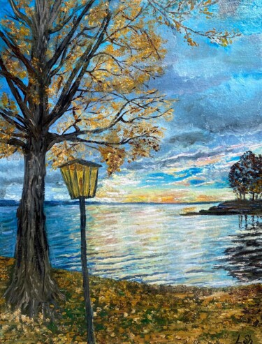 Painting titled "Autumn at Lake Bode…" by Liza Illichmann, Original Artwork, Oil Mounted on Wood Panel