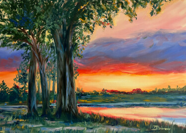 Peinture intitulée "Sunset Over the Lake" par Liza Illichmann, Œuvre d'art originale, Huile Monté sur Châssis en bois