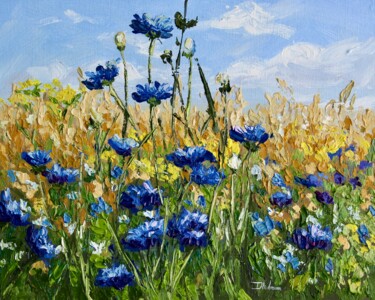 Painting titled "Cornflowers" by Liza Illichmann, Original Artwork, Oil Mounted on Cardboard