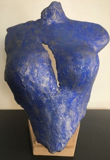 Skulptur mit dem Titel "Buste en béton bleu…" von Lo-Z, Original-Kunstwerk, Beton
