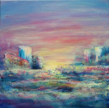 Painting titled ""City in fog" Abstr…" by Olga Tsyhypko, Original Artwork, Acrylic Mounted on artwork_cat.
