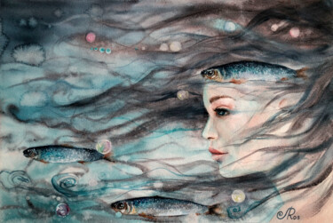 Картина под названием "Mermaid Sea Woman P…" - Lolita Ros, Подлинное произведение искусства, Акварель