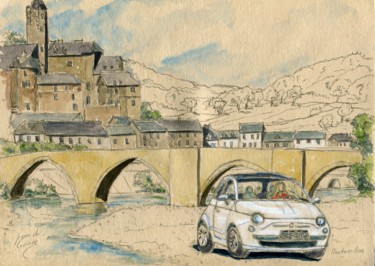 「Fiat 500 à Montmori…」というタイトルの絵画 Loran De Cevinneによって, オリジナルのアートワーク, 水彩画