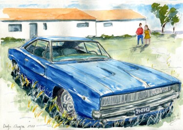 Painting titled "Dodge Charger 1968…" by Loran De Cevinne, Original Artwork, Watercolor