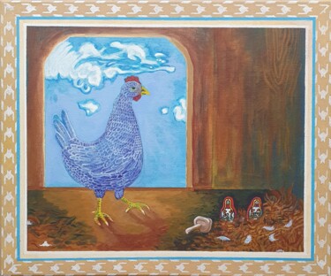 Pittura intitolato "La poule et son tré…" da Lorenz, Opera d'arte originale, Acrilico Montato su Telaio per barella in legno