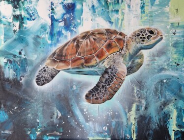 Painting titled "TORTUE MARINE" by Lorie Renaud, Original Artwork, Acrylic Mounted on Wood Stretcher frame