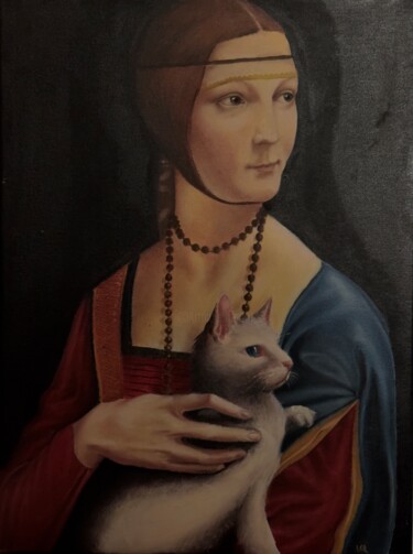 Painting titled "Lady with an ermine" by Louie Louie, Original Artwork, Oil Mounted on Wood Stretcher frame