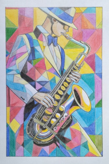 Desenho intitulada "Saxo" por Louis Garcia, Obras de arte originais, Lápis