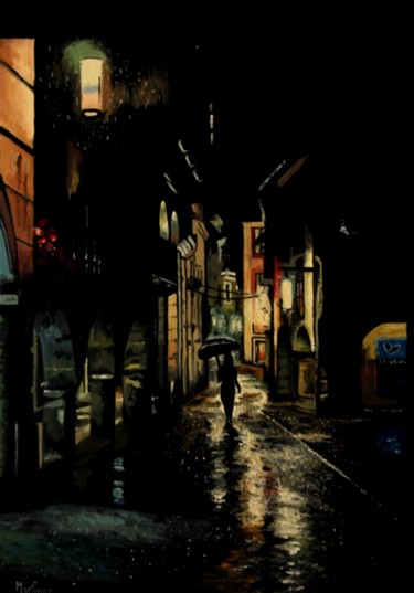 Peinture intitulée "rue-de-nuit-11.jpg" par Louis Martinez, Œuvre d'art originale, Huile