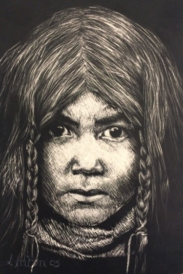 Disegno intitolato "Reserved (child)" da Louisa Linton, Opera d'arte originale, Scratchboard