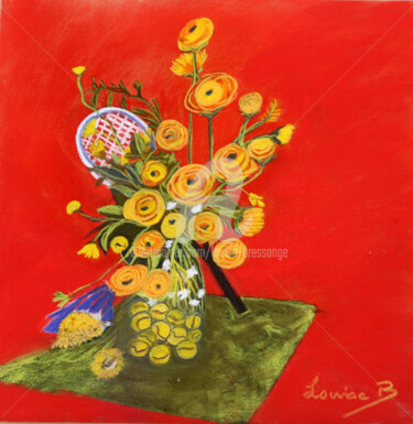 Dessin intitulée "fleurs-et-balles-ja…" par Louise Bressange, Œuvre d'art originale, Pastel