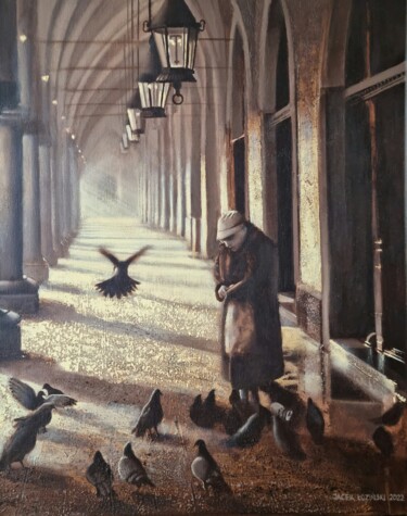 Pittura intitolato "Feeding the pigeons" da Jacek Łoziński, Opera d'arte originale, Acrilico