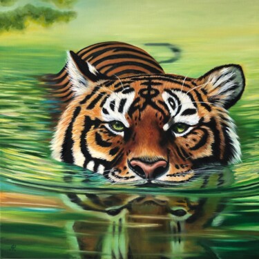 Painting titled "Tiger in The Water" by Lu Kuznetsova, Original Artwork, Oil