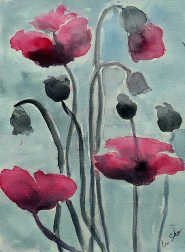 Peinture intitulée "PinkPoppies" par Lu Sho, Œuvre d'art originale, Acrylique