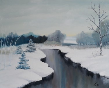 Painting titled "Icy River" by Luna Smith, Original Artwork, Oil Mounted on Wood Stretcher frame
