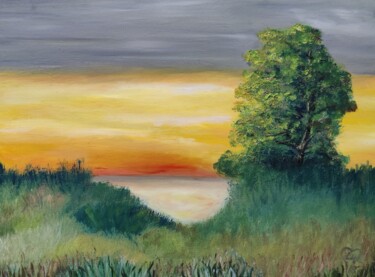 Ζωγραφική με τίτλο "Autumn Sunset" από Luna Smith, Αυθεντικά έργα τέχνης, Λάδι Τοποθετήθηκε στο Ξύλινο φορείο σκελετό