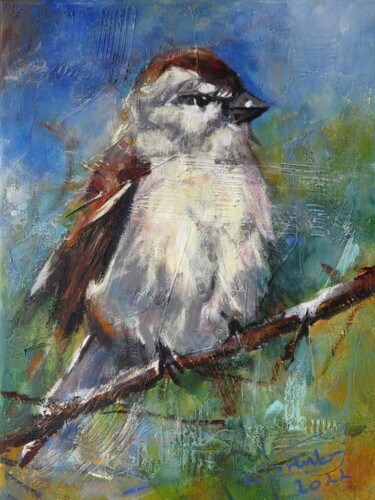 「Sparrow」というタイトルの絵画 Ľubomír Korenkoによって, オリジナルのアートワーク, アクリル ウッドストレッチャーフレームにマウント
