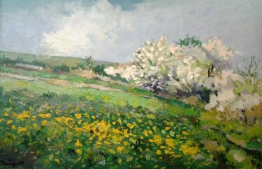 Painting titled "Flowering wild cher…" by Lubomir Tkacik, Original Artwork, Oil