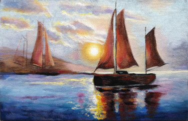 Pittura intitolato "Sailboats at sunset" da Liubov Samoilova, Opera d'arte originale, Olio