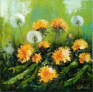 Malerei mit dem Titel "Blooming dandelions" von Liubov Samoilova, Original-Kunstwerk, Öl Auf Andere starre Platte montiert