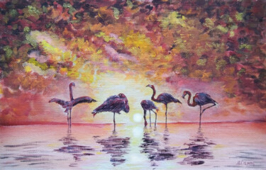 Painting titled "African flamingos a…" by Liubov Samoilova, Original Artwork, Acrylic Mounted on Other rigid panel