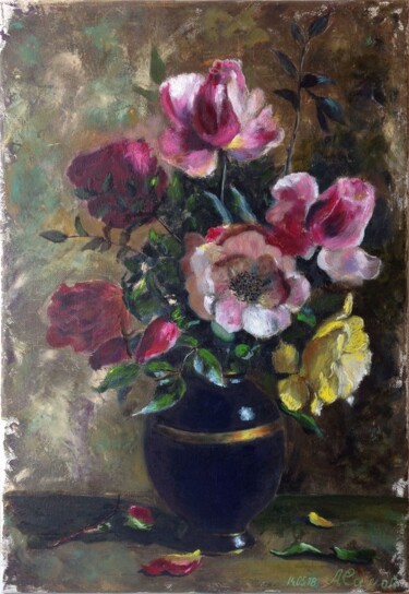 Peinture intitulée "Vase with roses - p…" par Liubov Samoilova, Œuvre d'art originale, Huile Monté sur Châssis en bois