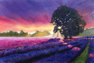 Pittura intitolato "Lavender field at s…" da Liubov Samoilova, Opera d'arte originale, Olio Montato su Telaio per barella in…