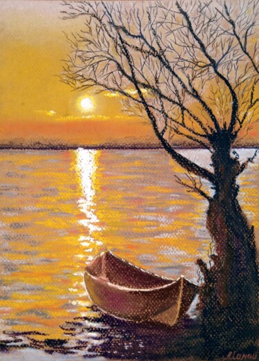 Painting titled "Boat at sunset - ro…" by Liubov Samoilova, Original Artwork, Pastel