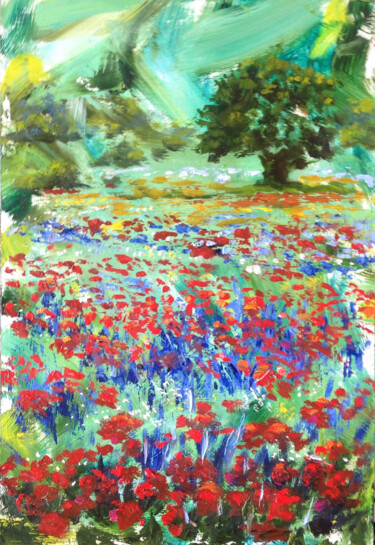 Pintura intitulada "Field with poppies" por Liubov Samoilova, Obras de arte originais, Óleo Montado em Outro painel rígido