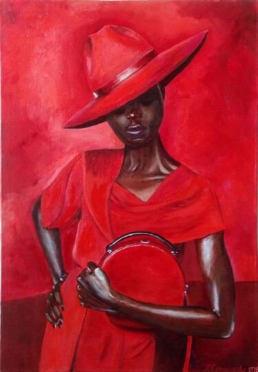 Painting titled "Woman in red" by Liubov Samoilova, Original Artwork, Oil Mounted on Other rigid panel