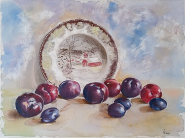 Malerei mit dem Titel "Plums rolled across…" von Liubov Samoilova, Original-Kunstwerk, Pastell