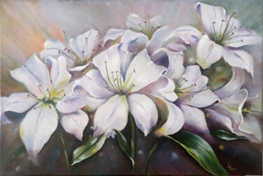 Painting titled "Tender white lilies" by Liubov Samoilova, Original Artwork, Oil Mounted on Wood Stretcher frame