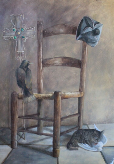 「la chaise vide」というタイトルの絵画 Luc Mackelによって, オリジナルのアートワーク, オイル ウッドパネルにマウント