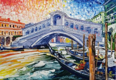 Painting titled "Ponte di Rialto (Ve…" by Luca Cistaro, Original Artwork, Oil Mounted on Wood Stretcher frame