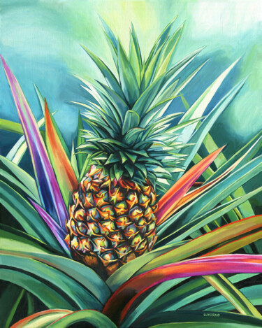 Painting titled "Colorful pineapple…" by Lucia Verdejo, Original Artwork, Oil Mounted on Wood Stretcher frame