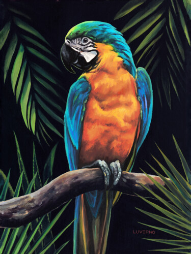 Ζωγραφική με τίτλο "Tropical parrot pai…" από Lucia Verdejo, Αυθεντικά έργα τέχνης, Λάδι Τοποθετήθηκε στο Ξύλινο φορείο σκελ…