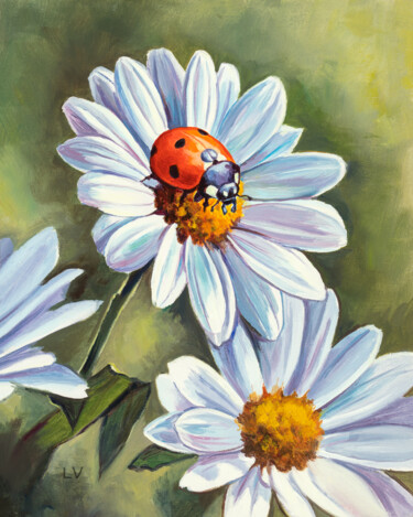 Schilderij getiteld "Ladybug on white da…" door Lucia Verdejo, Origineel Kunstwerk, Olie Gemonteerd op Houten paneel