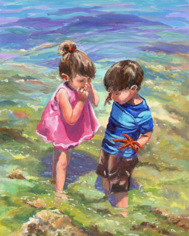 Painting titled "Children with starf…" by Lucia Verdejo, Original Artwork, Oil Mounted on Wood Panel