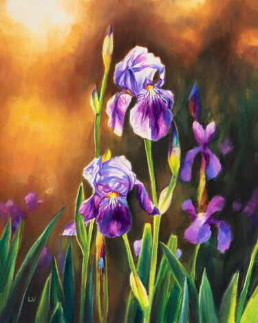 Schilderij getiteld "Purple iris flowers…" door Lucia Verdejo, Origineel Kunstwerk, Olie Gemonteerd op Houten paneel